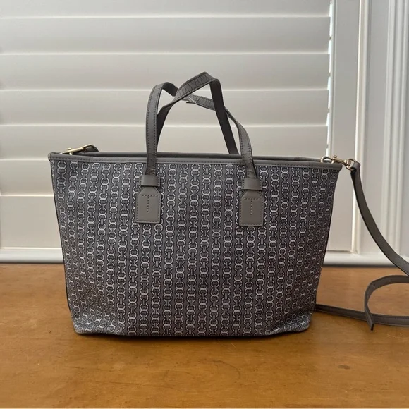 Tory Burch Gemini Tote Purse Bag Taupe/Navy with duster bag - Picture 6 of 9